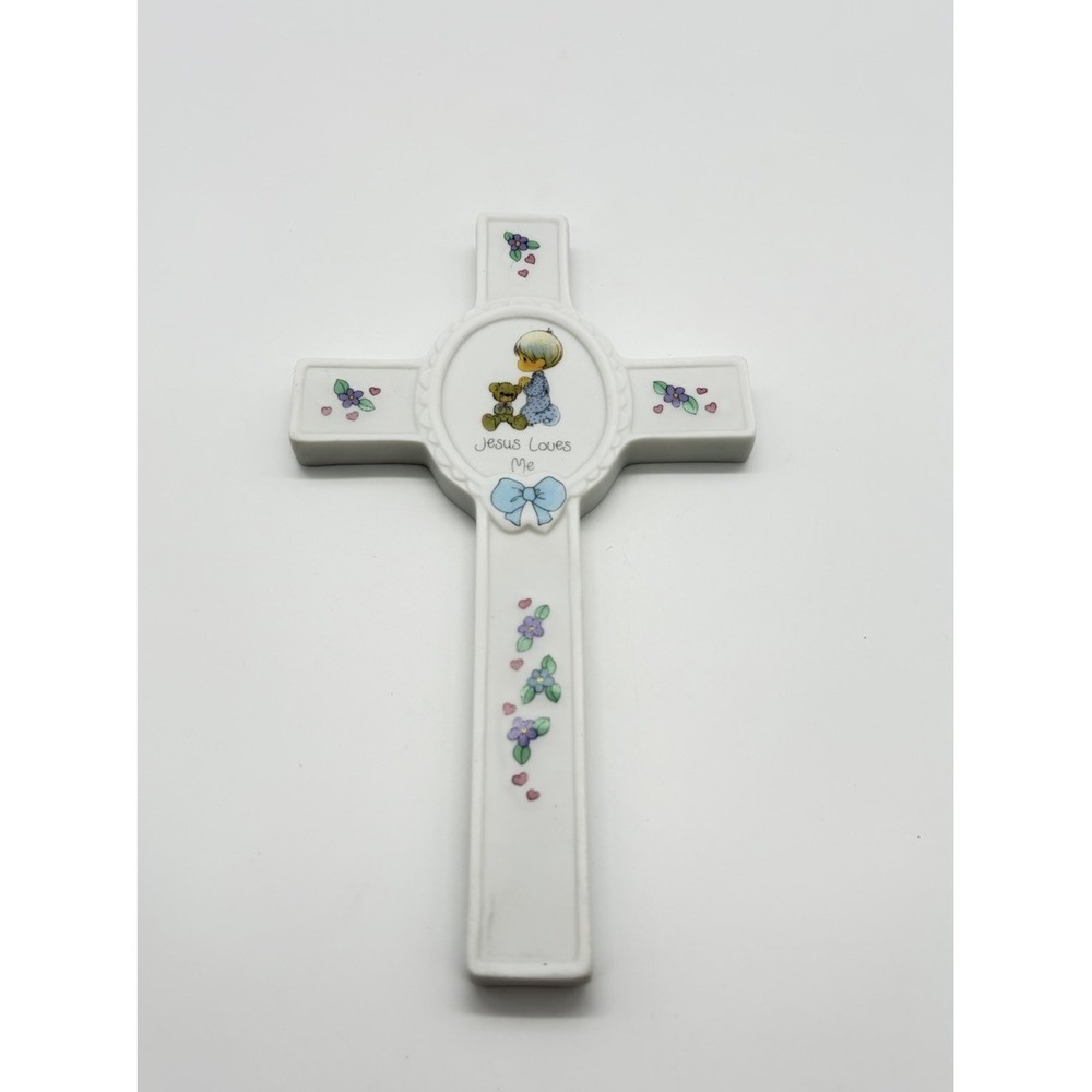 Precious Moments "Jesus Loves Me" Porcelain Wall Cross With Boy And Teddy Bear